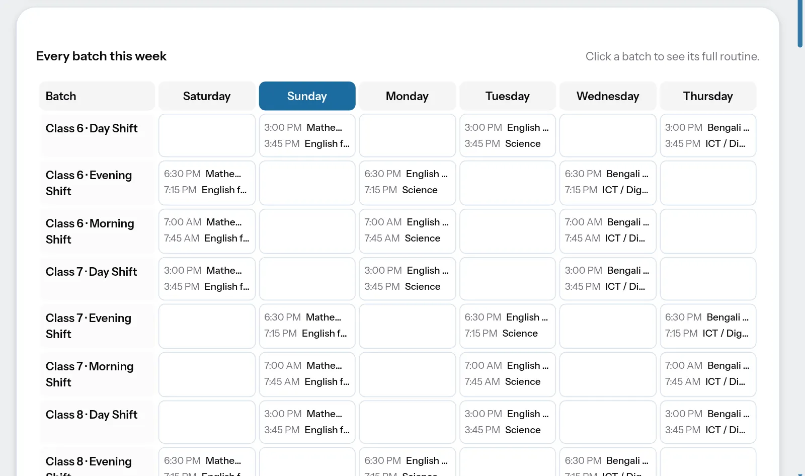 Weekly routine of every batch, Saturday to Thursday, with today's column highlighted